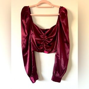 Puff Sleeve Romantic Red Satin Crop Top Size L